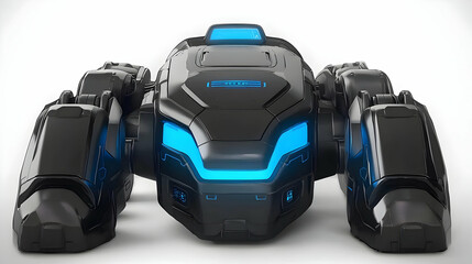 Naklejka premium Futuristic, black robot vehicle with glowing blue accents. Robust chassis, armored design. Advanced technology suggested