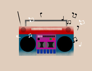 Old Cassette Tape Recorder With Notes Flying Around. Hand Drawn Vector Illustration With Vintage Cassette Player.