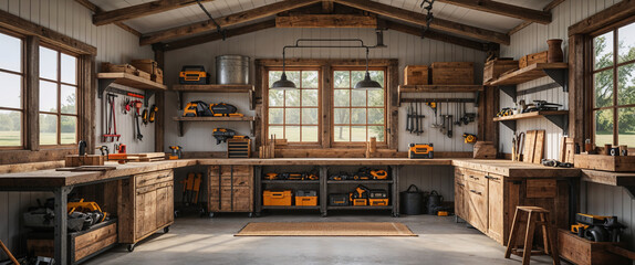 A rustic and organized workshop interior filled with tools and equipment for craftsmen