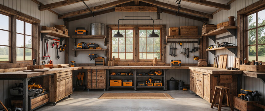 A rustic and organized workshop interior filled with tools and equipment for craftsmen