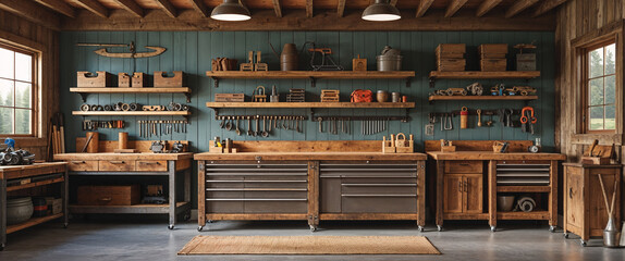 A well organized rustic workshop interior with wooden furniture and tools displayed