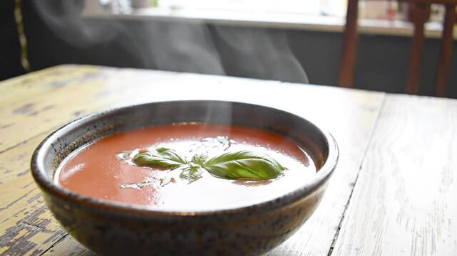 Close-up shot of a rustic bowl of steaming tomato soup garnished with fresh basil leaves on a weathered wooden table near a window