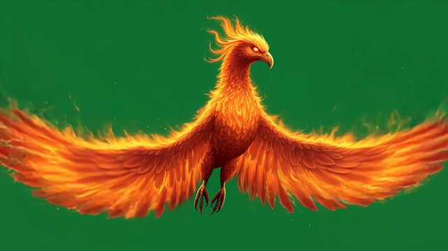 a fiery phoenix in flight against a green screen background