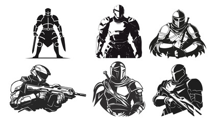Fototapeta premium Black and white illustration of a modern combat warrior in action, showcasing strength, precision, and tactical gear in a clean, bold vector style.