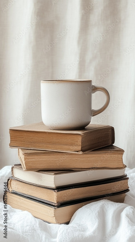 Aufkleber a plain white mug is placed on top of a neatly stacked collection of vintage books. the setting prov
