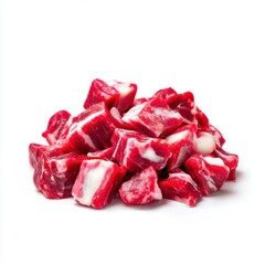 Obraz premium Pile of diced raw beef cubes on white background