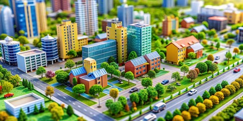 Naklejka premium Miniature Sustainable City: Eco-Friendly Urban Development, Tilt-Shift Photography