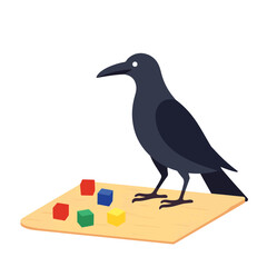 Fototapeta premium Curious crow sorting colorful cubes on a table, intelligence displayed