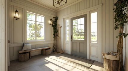 Light-filled entryway with wood trim,  natural light,  and  rustic accents.  Wooden bench,  woven baskets, and  greenery  create a  cozy ambiance