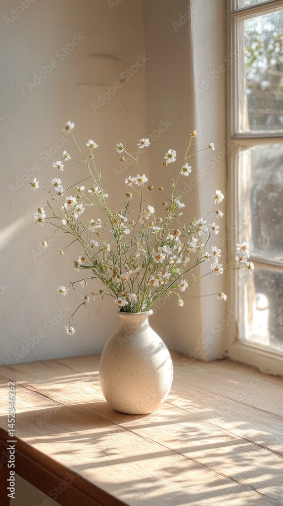 Poster soft sunlight filters through a window, casting a warm glow on a simple vase filled with delicate wh