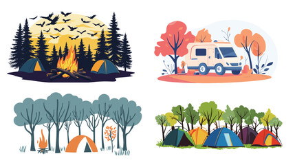 Flat style vector illustration of camping in forest with tent, trees, bonfire, and mountains in background. Outdoor adventure concept for hiking, tourism, summer travel, backpacking, and wilderness 