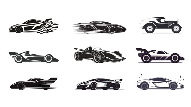 Black and white racing car vector graphic illustration, featuring sleek design and dynamic lines, capturing speed, power, and competitive energy in a minimalist style.