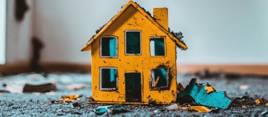 Miniature house damaged by disaster.