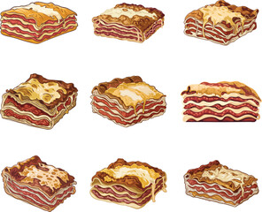 Variety of Tasty Lasagna Vector Set Illustration Designs