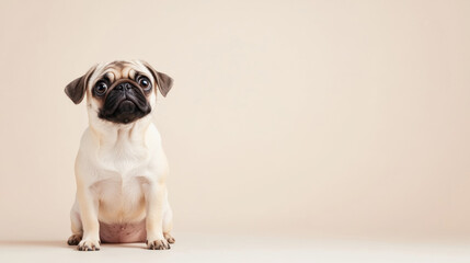 Obraz premium Curious Pug Dog Sitting White Background Animal Portrait Studio Environment Front View Playful Expression