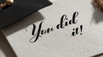 Congratulatory Message: Elegant calligraphy proclaiming "You Did It!" on textured cardstock, conveying a sense of accomplishment and celebration.