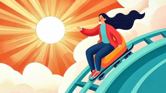 A joyful girl riding a roller coaster under a bright sun.