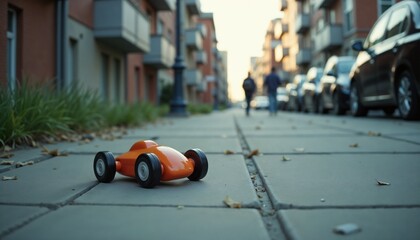 Lost toy on empty sidewalk in wide angle photorealistic scene