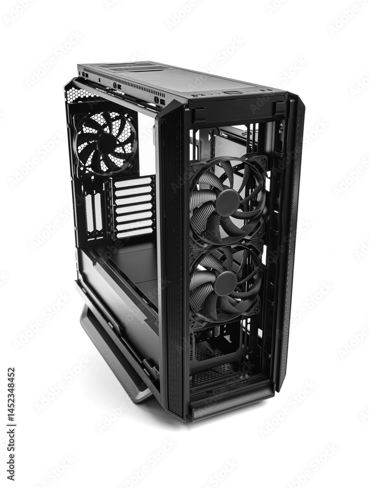 Poster a high-performance black pc tower case with dual front fans and spacious interior layout designed fo