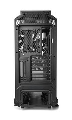 The rear view of a black PC case reveals ventilation panels, expansion slots, and mounting points...