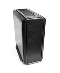 Obraz premium A sleek black PC case with a mesh front panel and tempered glass side, built for optimal airflow and a clean, modern look.