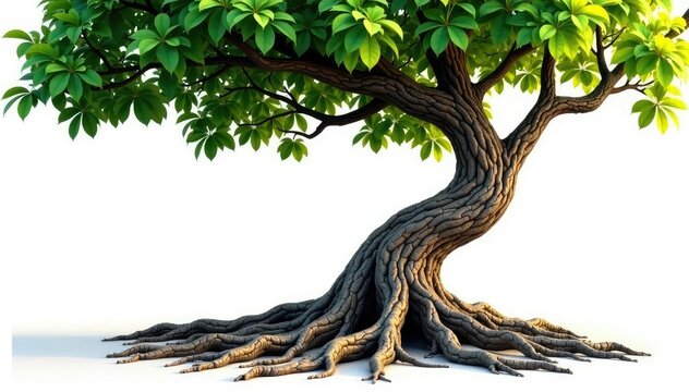 Isolated tree with gnarled roots and twisted trunk, nature, forest