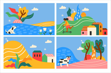 Summer cute landscape background set. Childish print for greeting card, poster or banner design