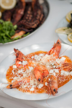 Garides Saganaki - Greek Shrimp Dish with Feta, Mediterranean Seafood, Tomato Sauce, Traditional Greek Cuisine
