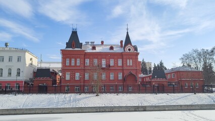 Old building of Orel Commercial Bank. Building of branch of Central Bank of Russia. Ancient city street along Orlik River. Beautiful Russian city of Orel