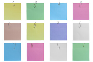 Paperclip holding colorful sticky notes on transparent background. Isolated