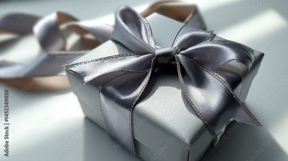 Poster silver gift box with ribbon: a elegantly wrapped gift box in silver with a delicate satin ribbon, re