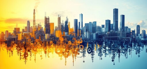Fototapeta premium Cityscape Gears Reflection: Urban Industrial Dawn
