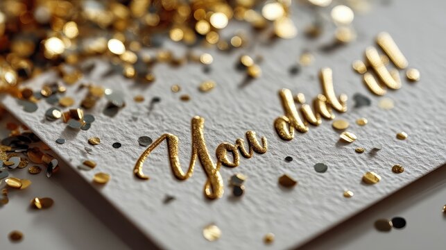 "You did it" celebratory message: A close-up shot of a golden "You did it!" message, accompanied by shimmering confetti. This image captures the feeling of accomplishment and success.