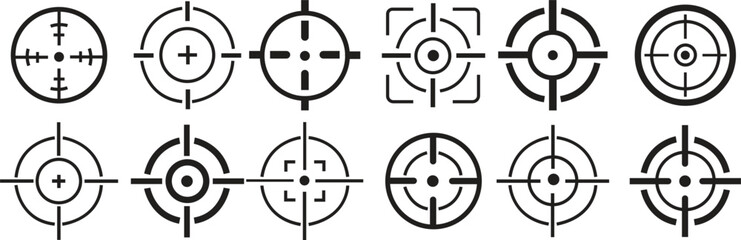 Obraz premium Target destination icon set. Aim sniper shoot group. Focus cursor bull eye mark collection. Vector