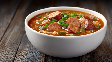 A bowl of spicy sausage gumbo with okra on a dark wooden surface under dramatic spot light and room for messaging