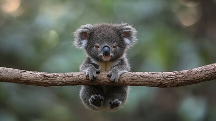 Adorable baby koala clinging to branch