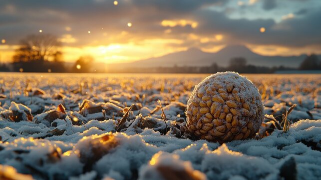 Frozen cornball sunset field snow landscape