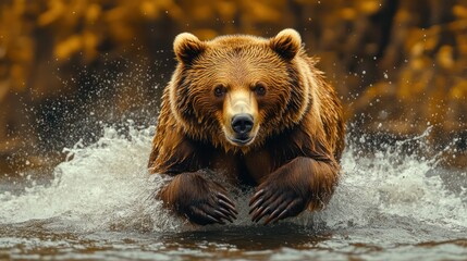 Obraz premium Brown bear charging in river, autumn forest backdrop