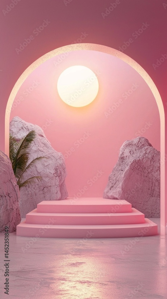 Poster soft pink hues dominate the space, highlighting a minimal podium surrounded by natural rock formatio