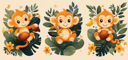 Naklejka premium Adorable Monkeys in Tropical Paradise: A Delightful Illustration of Three Playful Primates Surrounded by Lush Greenery, Vibrant Flowers, and Sweet Coconuts.