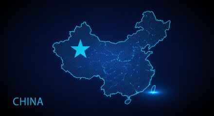 Obraz premium Futuristic China map outline, glowing cyan network on dark blue gradient backdrop