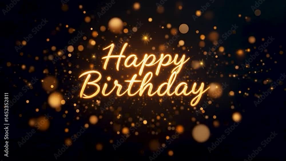 Poster Golden script 'Happy Birthday' illuminated against a dark background, surrounded by soft, glowing bokeh lights. Warm highlights create an inviting mood. Composition centers text while the lights add d