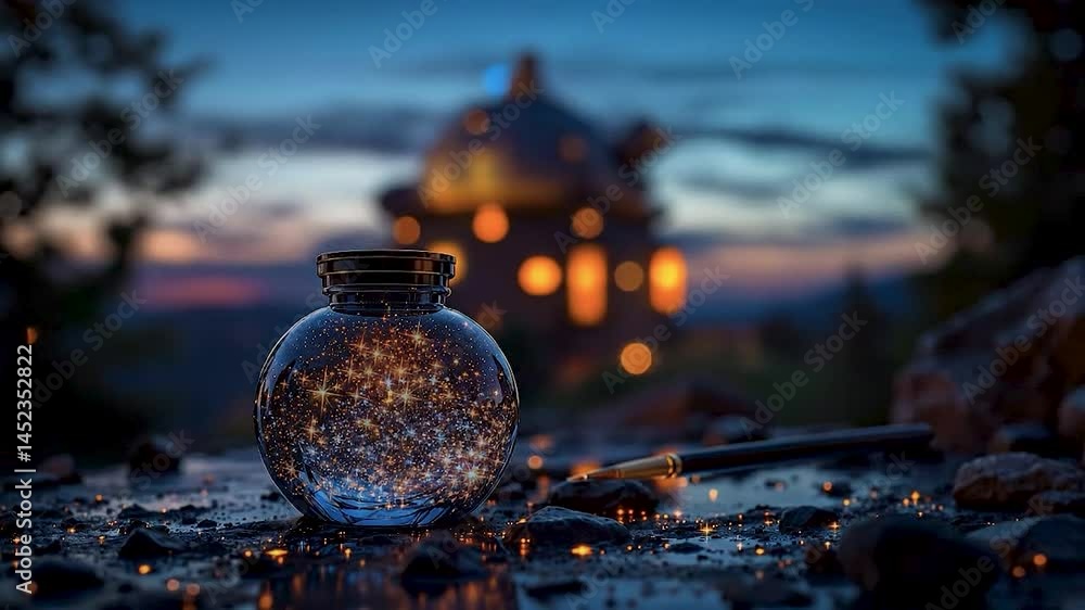 Poster a glowing glass jar filled with twinkling lights, positioned on a wet surface at dusk. soft bokeh fr
