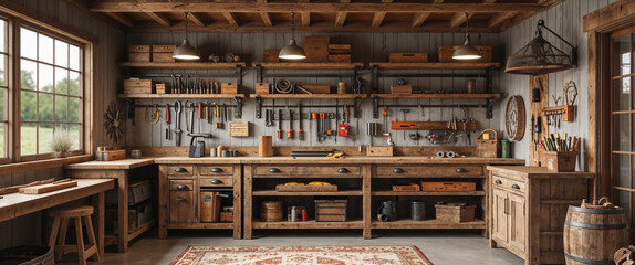 Rustic woodworking workshop interior design featuring tools and workbench with natural light
