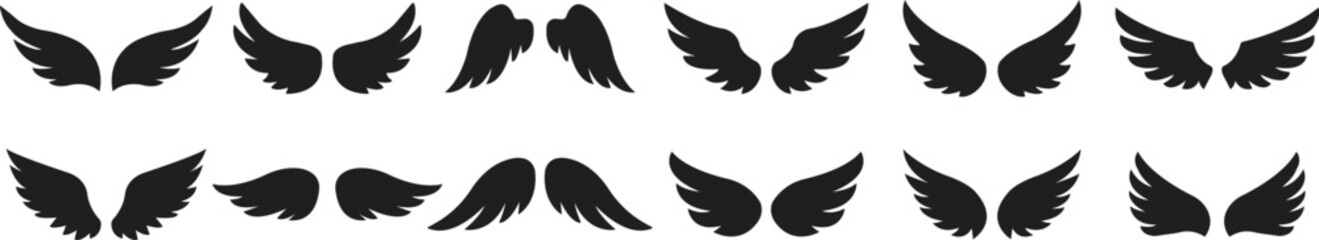 set of Wings with long feather. Angel or bird wing flat. Aviation pilot patch badge. Heraldic vintage army insignia emblem falcon phoenix hawk. Flying winged frame. Biker logo stencil stamp.