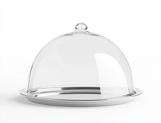 Empty silver cloche tray with transparent dome lid isolated on white background, 3D render for food service concept.
