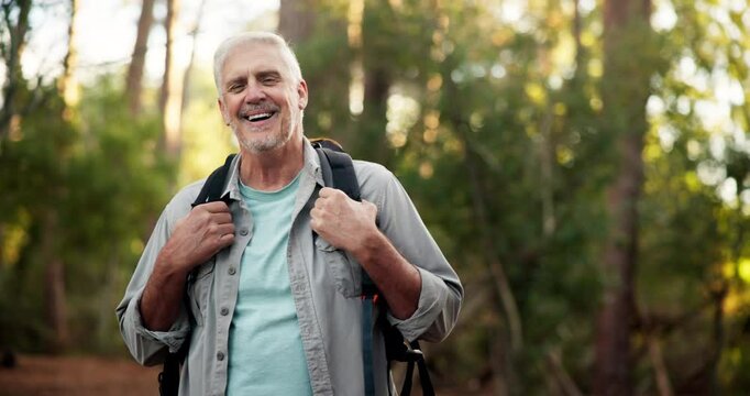Face, smile and man hiking in forest for trekking adventure, travel and fitness holiday. Portrait, senior person and backpacking in woods for retirement hobby, sightseeing and explore on getaway trip