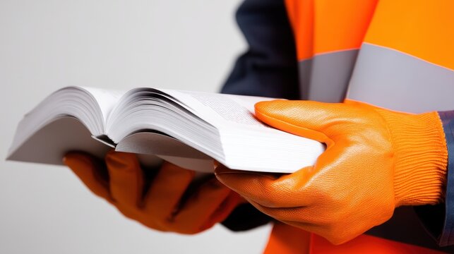 Construction worker in safety gear holding an open manual, focused on safety guidelines