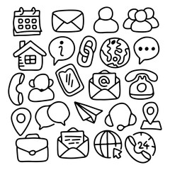 Doodle contact icons set. Communication icons set. hand drawn