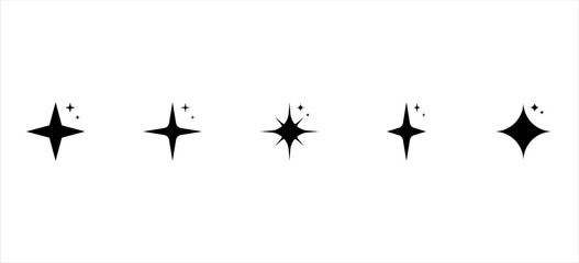 Retro star of different shapes flash silhouette set, Collection of twinkle particle stars and rays decorative symbols for design. Vector icons y2k style basic shapes geometric graphic elements.
